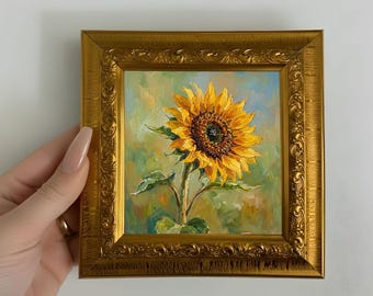 Original Sunflower Oil Painting Small Framed Art Floral Wall Art