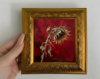 Original verwelkte Sonnenblume Ölgemälde kleine Leinwand Wandkunst
