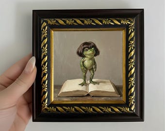 Original Frog with Book Oil Painting Small Framed Canvas Art Animal Wall Decor