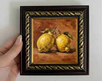 Cuadro original al óleo de limón, pequeño cuadro enmarcado para la pared de la cocina.