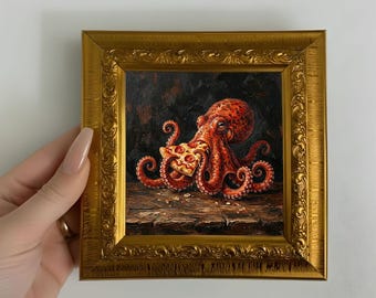 Pintura a óleo de polvo pintada à mão, miniatura original de arte de parede, decoração de parede emoldurada e divertida.