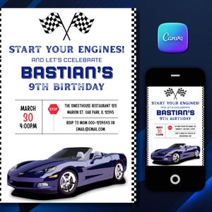 Editable Blue Car Boys Birthday Invitation Car Theme Party Birthday Evite Birthday Party Invite for Birthday Instant Canva Download