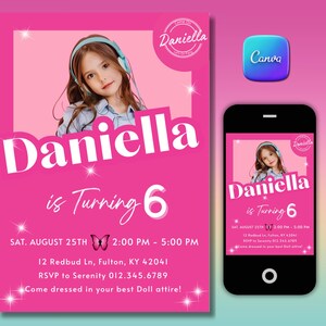 Editable Pink Birthday Invitation for Girl, Cute Doll Theme Party Invite, Digital Kids Birthday Card, Instant Download Canva
