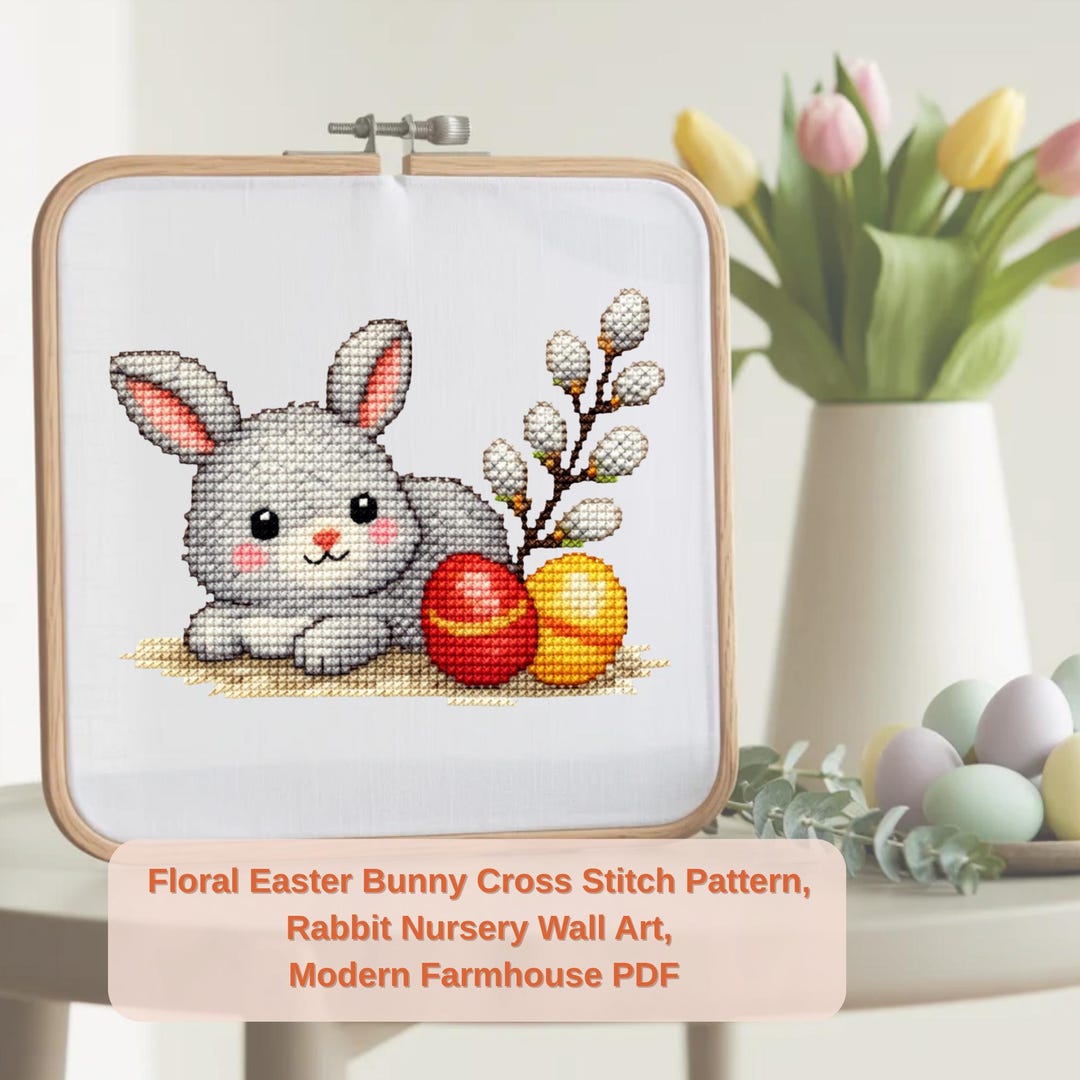 Floral Easter Bunny Cross Stitch Pattern, Rabbit Nursery Wall Art ...