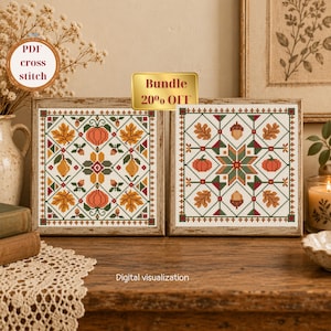 Op de afbeelding: Twee vierkante kruissteekpatronen met herfstmotieven zoals oranje pompoenen, bruine eikels en gele bladeren in een geometrisch raster. De ontwerpen zijn ingelijst in hout en bevatten de tekst PDF cross stitch en Bundle 20% OFF.