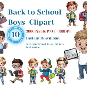Back to School Boys Clipart – Cute Student PNGs for Teachers, Stickers, Classroom Decor, POD