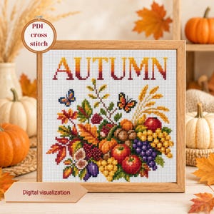 Autumn Cross Stitch Pattern, Fall Fruit Leaf Sampler, Digital PDF Chart