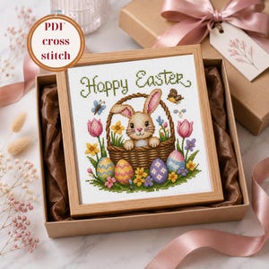 Happy Easter Bunny Cross Stitch Pattern, Basket with Eggs, Spring PDF Chart
