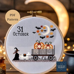 Pumpkin Wagon Cross Stitch PDF | October Sampler | Cute Witch Pattern | Jack O Lantern Xstitch