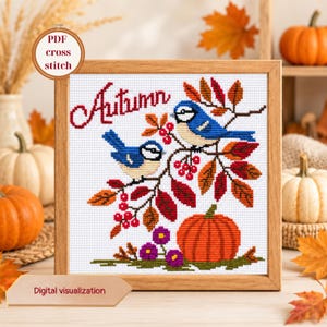 Autumn Bird Cross Stitch Pattern, Pumpkin Rowan Berry Sampler, Digital PDF Chart