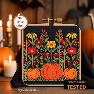 Pumpkin Cross Stitch Pattern, Autumn Floral Sampler, Digital PDF Chart