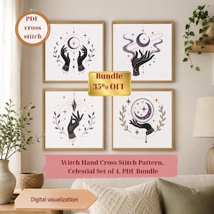 Magic Hands Cross Stitch Pattern, Celestial Set of 4, PDF Bundle