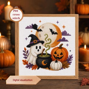 May include: A cross stitch pattern featuring a white ghost wearing a black witch hat, a black cauldron with green steam, a jack-o'-lantern, a white pumpkin, and a large orange moon with bats. The text PDF cross stitch is visible.
