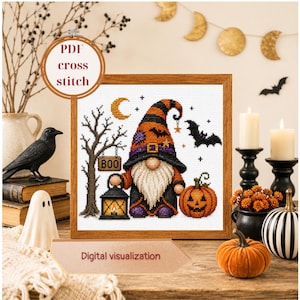 Halloween Gnome Cross Stitch Pattern, Witch Hat Decor, Pumpkin PDF Chart