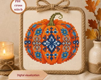 Decorative Pumpkin Cross Stitch Pattern, Farmhouse Fall Decor, Thanksgiving Embroidery PDF