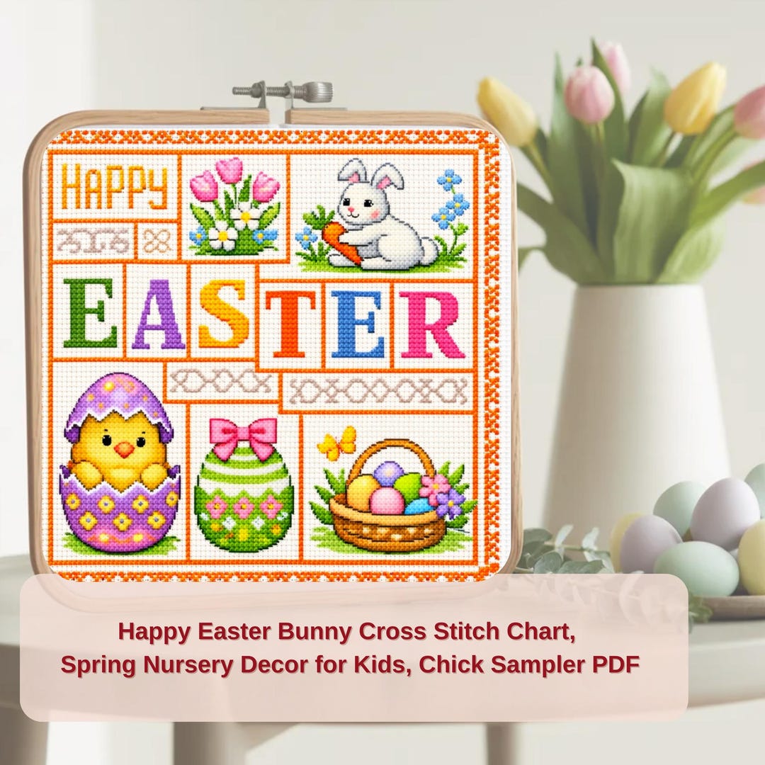 Happy Easter Bunny Cross Stitch Chart, Spring Nursery Decor for Kids ...