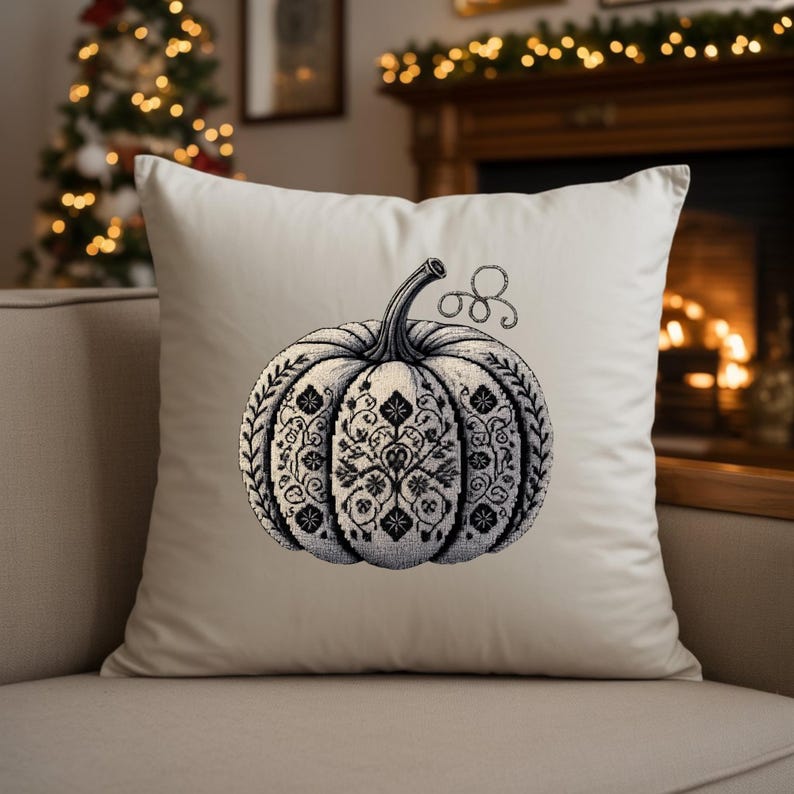 Decorative pillow with stitched pumpkin, perfect thanksgiving decor accent.