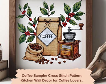 Coffee Sampler Cross Stitch Pattern, Kitchen Wall Decor for Coffee Lovers, PDF Chart