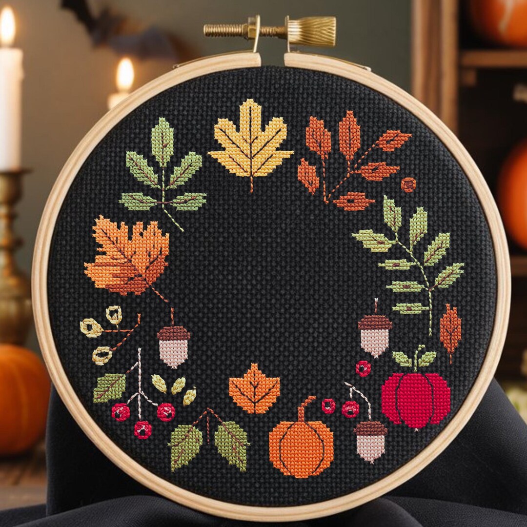 Autumn Cross Stitch Pattern PDF – Pumpkin Wreath Harvest Embroidery ...