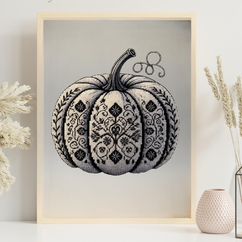 Wall art featuring ornamental pumpkin as refined monochrome decor.