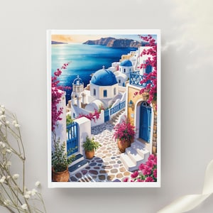 Santorini Wall Art – Greece Coastal Decor, Mediterranean Blue & White Printable, Digital Download Poster
