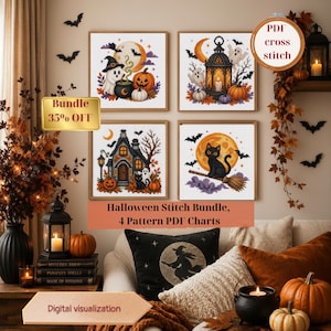 Może przedstawiać: Zestaw czterech kwadratowych wzorów do haftu krzyżykowego z motywami Halloween, w tym duch z kociołkiem, latarnia z duchami, nawiedzony dom i czarny kot na miotle. Tekst zawiera Bundle 35% OFF, PDF cross stitch, Halloween Stitch Bundle, 4 Pattern PDF Charts oraz Digital visualization.