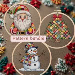 May include: A bundle of three Christmas cross-stitch patterns in wooden hoops. Designs include Santa Claus, a Christmas tree, and a snowman. The text "Pattern bundle" is displayed on a pink banner.