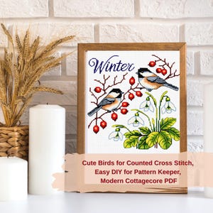 May include: A framed cross-stitch featuring two birds perched on branches with red berries, with the word "Winter" above. The design includes snowdrop flowers and green leaves. The text below reads: "Cute Birds for Counted Cross Stitch, Easy DIY for Pattern Keeper, Modern Cottagecore PDF."