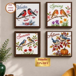 Four Season Bird Cross Stitch Bundle, Seasonal Sampler Set, Digital PDF Charts