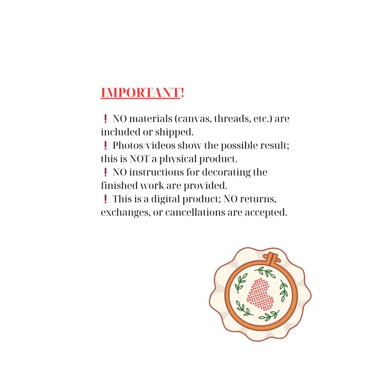 Page with important notes about digital cross stitch pattern on Etsy, clarifying download-only format