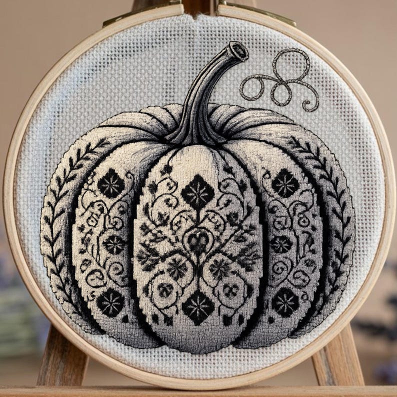 Embroidered pumpkin with gothic details in cross stitch hoop pattern, unique spooky design for fall stitching.