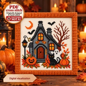 Witch House Cross Stitch Pattern, Halloween Ghost Decor, Digital PDF Chart