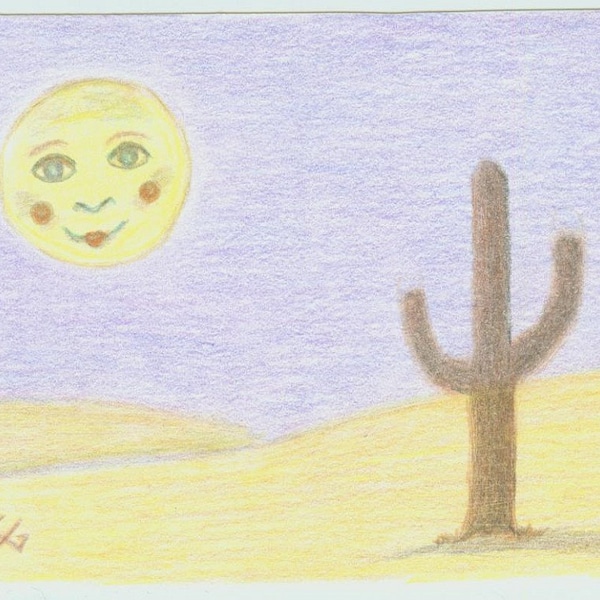 ACEO SFA Mister Moon original Buntstift Fantasy Kaktus Hügel Wüste Landschaft nitelvr