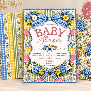 May include: A rectangular baby shower invitation card featuring a blue gingham bow, floral borders with blue hydrangeas and yellow daisies, and pink text reading BABY Shower, Saturday August 16th at 2:00 PM, 123 Maple Avenue New York, NY, and RSVP to Fiona at 123-456-7890.