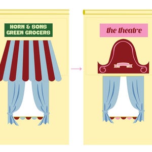 May include: Illustration of a storefront transforming into a theatre. The storefront features a green sign reading "HORN & SONS GREEN GROCERS" above a red and blue striped awning. The theatre has a pink sign that reads "the theatre".