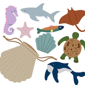 May include: An illustration featuring various sea creatures and a seashell bag. The image includes a purple seahorse, a grey shark, a brown stingray, a pink starfish, a green and brown turtle, a blue and white whale, a blue shell, and a fish.