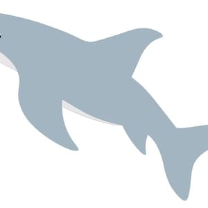 May include: A light blue cartoon shark illustration. The shark has a white underbelly and a small black eye. The fins and tail are clearly defined, and the shark is angled slightly upwards against a white background.