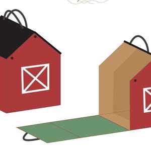 Może przedstawiać: Dwa czerwone pudełka na prezenty w kształcie stodoły z czarnymi uchwytami i czarnymi dachami. Jedno pudełko jest zamknięte, a drugie otwarte, ukazujące beżowe wnętrze i zieloną podstawę. Pudełka mają białe detale okien i drzwi.