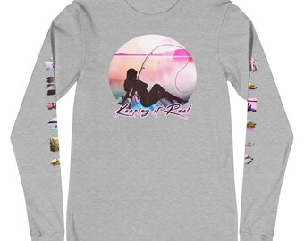 Vaporwave Pink Mudflap Girl Fishing, Hot Long Sleeve Tee, Unisex to Women's