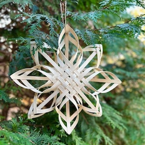 May include: A woven, light-colored star-shaped ornament hanging from a tree branch. The ornament is made of thin, interwoven strips of wood, creating a starburst design. The background is a blurred view of green foliage.