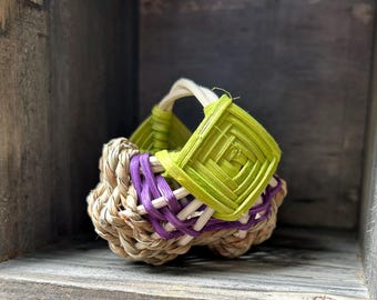 Handwoven Miniature Basket, Lime Green and Grape, Sea Grass