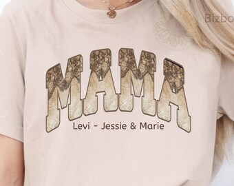 Western Leather Lace Print Mama T-shirt, Custom Kids Names Country Mama Shirt, Personalized Mom Varsity Top