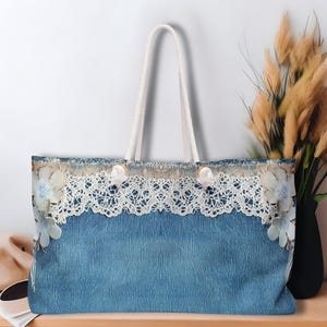 Denim & Lace Print Weekend Tote Bag: Bohemian Travel Beach Bag