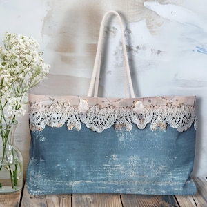 Denim & Lace Print Weekend Tote Bag: Bohemian Travel Beach Bag