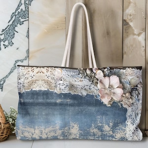 Denim & Lace Print Weekend Tote Bag: Bohemian Travel Beach Bag