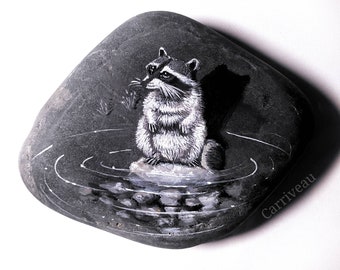 Racoon, OOAK, painted on a river rock, by Shelli Carriveau
