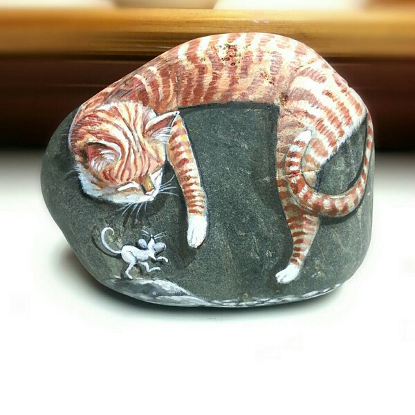 Dormir gato Tabby como blanco puntillas de ratones, pintada por Shelli Bowler, piezas de Arte Original de la roca