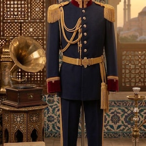 Könnte beinhalten: Eine marineblaue Uniform eines osmanischen Armee-Generals von 1914-1918 mit goldenen Verzierungen, Schulterklappen und einem passenden Gürtel. Die Uniform wird auf einer Schaufensterpuppe präsentiert. Der Text auf dem Schild lautet: Osmanische Armee-Generaluniform, Mantel, um 1914-1918.