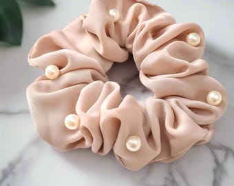 Pearl-Embellished Satin Scrunchies | Silky Soft, No-pull, Comfortable all day wear