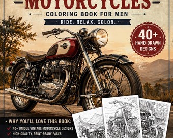 Malbuch mit Oldtimer-Motorrädern für Männer, über 40 handgezeichnete Motive (PDF-Download)